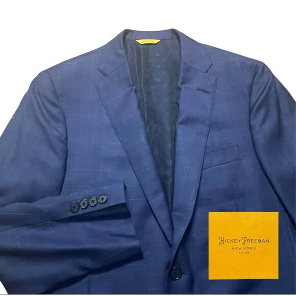 Hickey Freeman Suit Jacket Mens 40 R Navy Plaid Wool Plaid...
